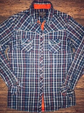 Cowgirl Up medium ladies Casual Plaid Button-Up Shirt in Navy & orange